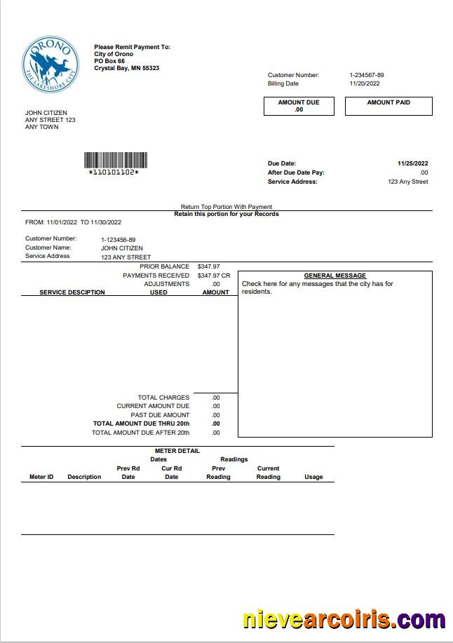 USA Nevada Orono The Lakehore City utility bill